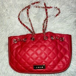 Bebe Chelsea Red Quilted Threaded Chain Handle Mini Bag Gold Tone Logo